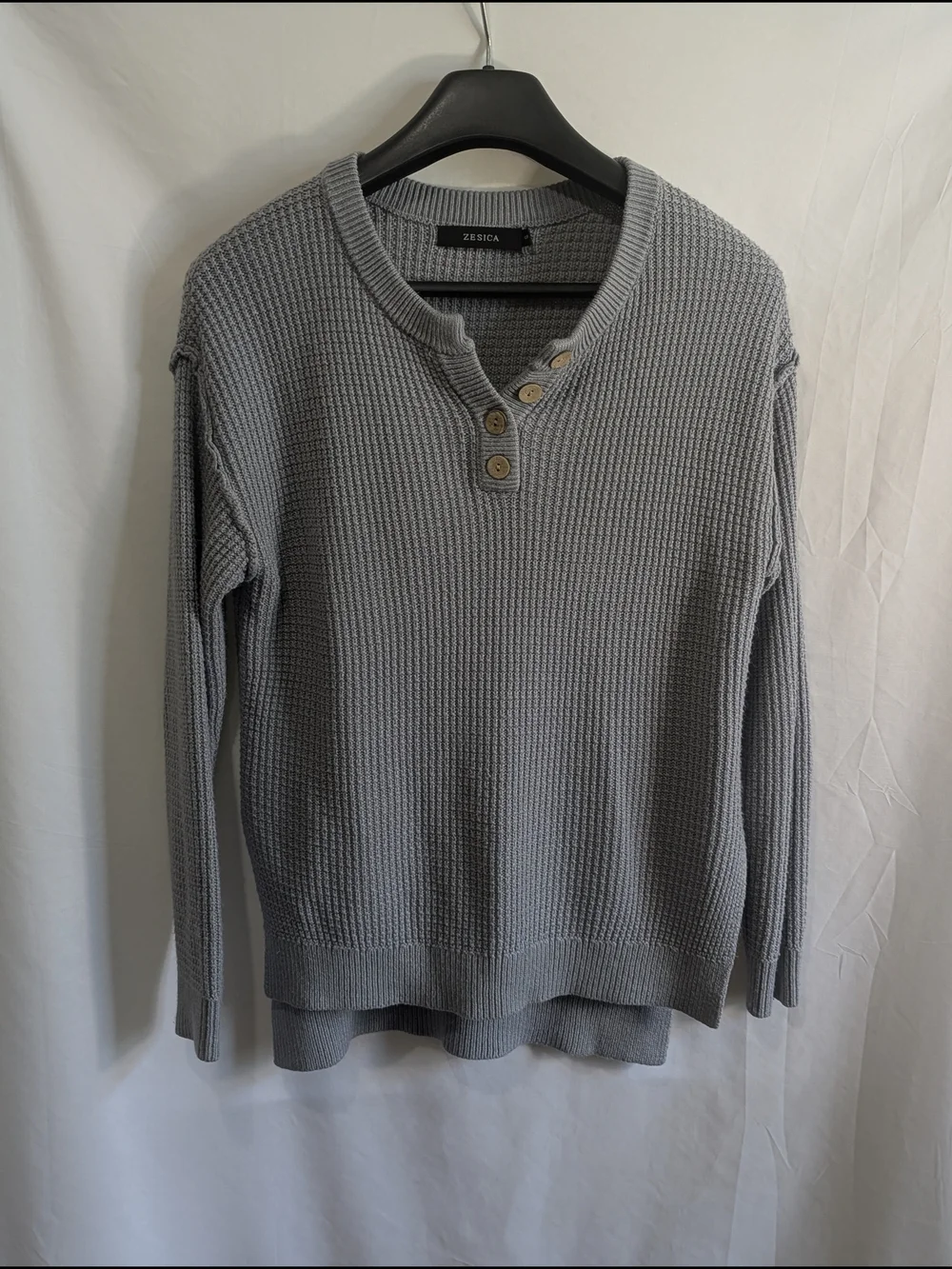 ZESICA Gray Waffle Knit Henley Sweater High Low Hem Side Slit Women's Small